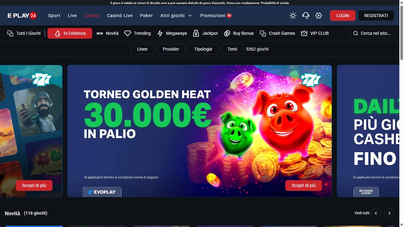 Sezione casino e slot di Eplay24