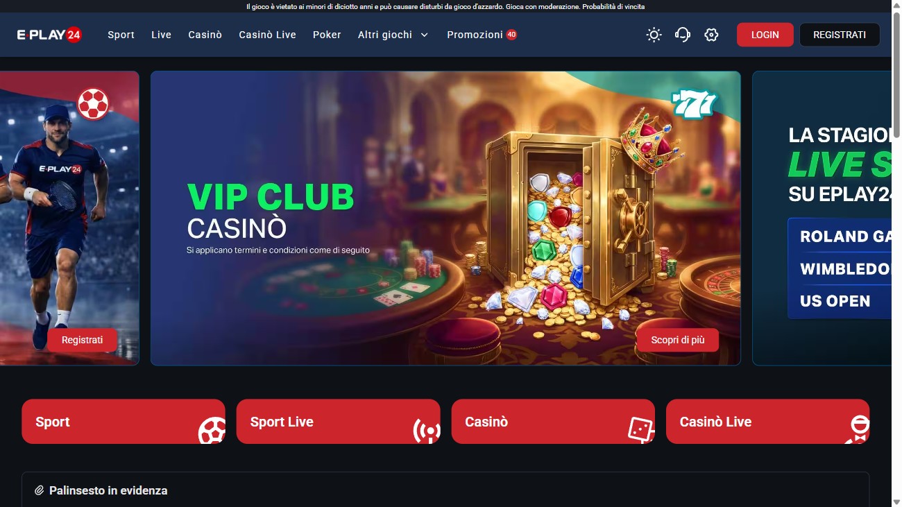 Homepage di Eplay24 con sezioni Sport e Casino