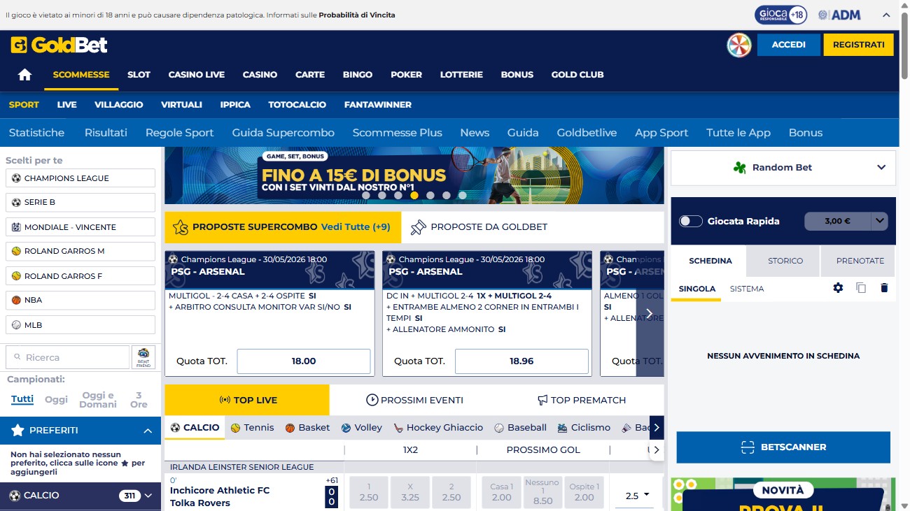 Sezione scommesse sportive di GoldBet