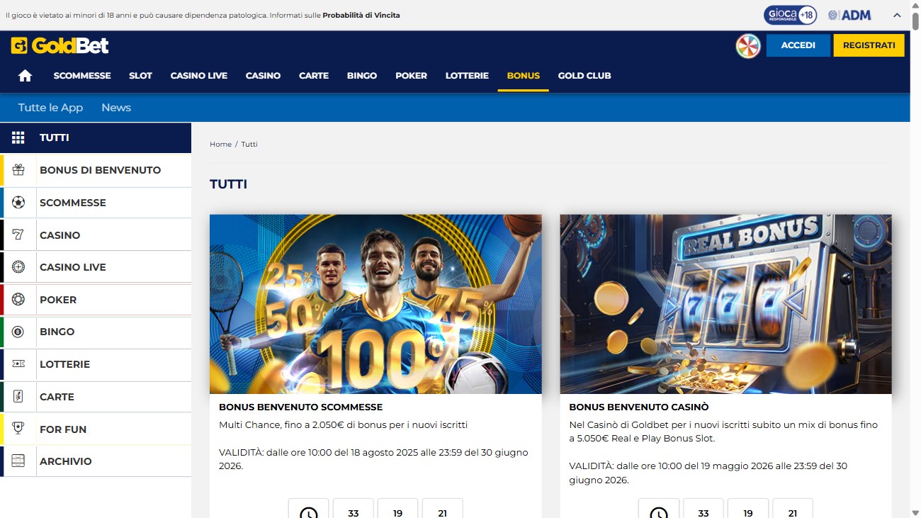 Pagina promozioni e bonus di benvenuto di GoldBet
