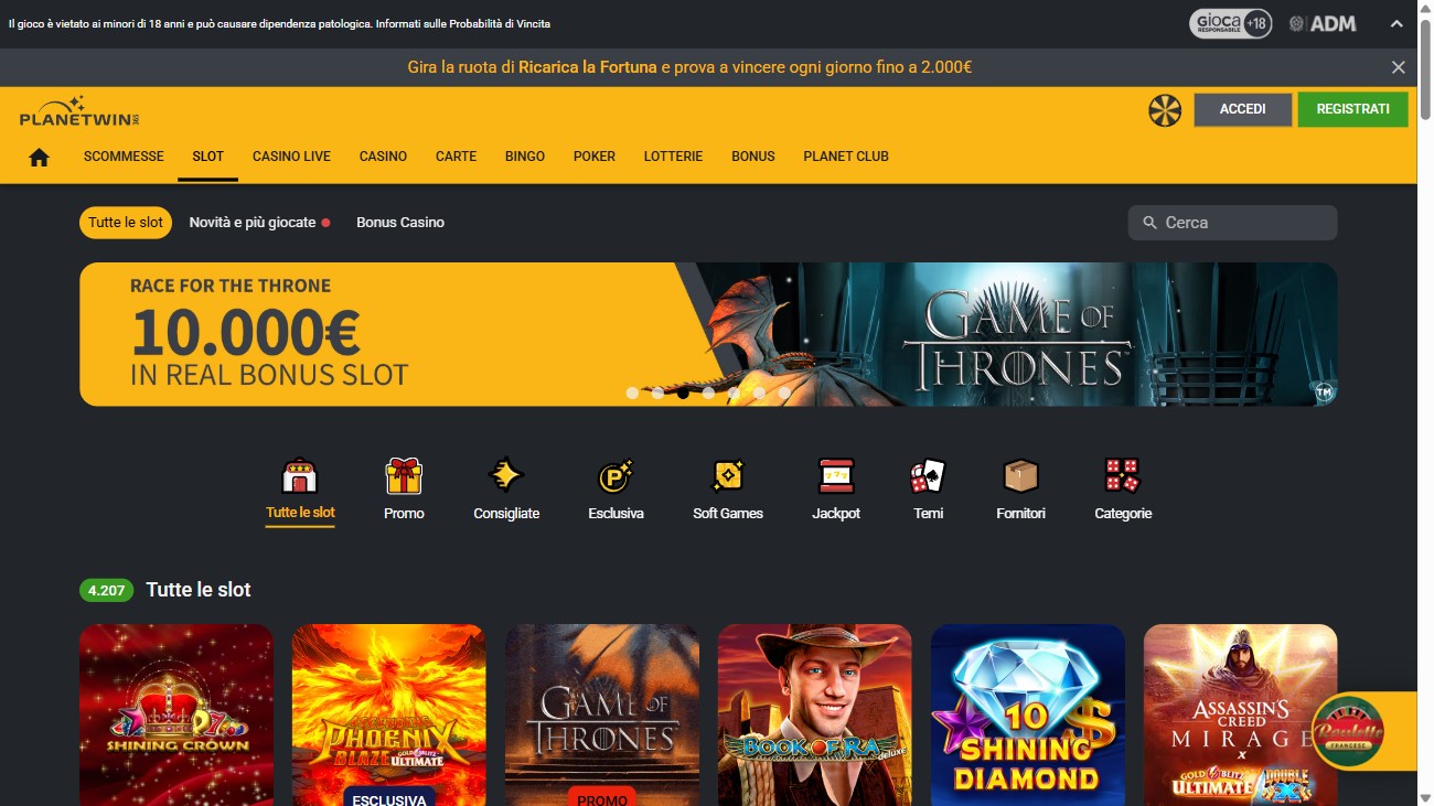 Sezione casino e slot di PlanetWin365 con i titoli piu giocati