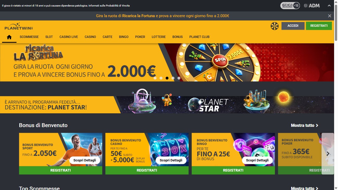 Homepage di PlanetWin365 con le sezioni Sport e Casino
