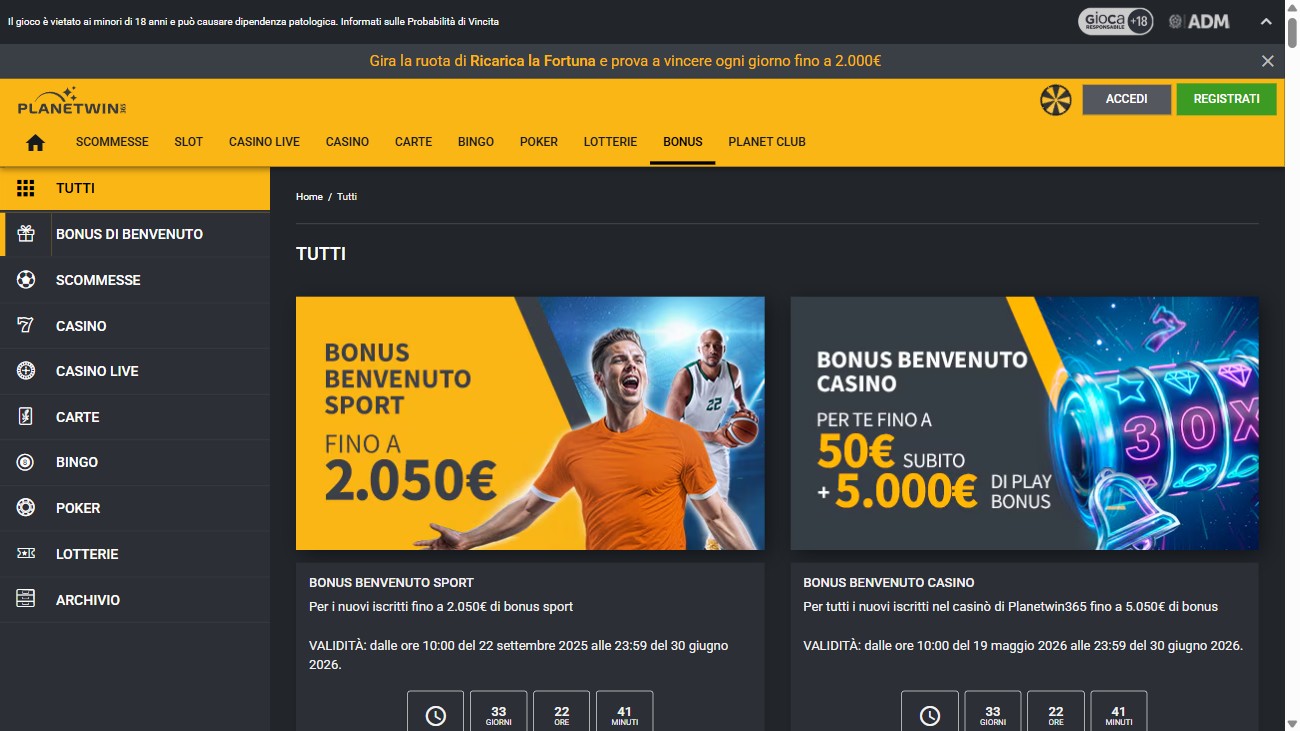 Pagina promozioni e bonus di benvenuto di PlanetWin365