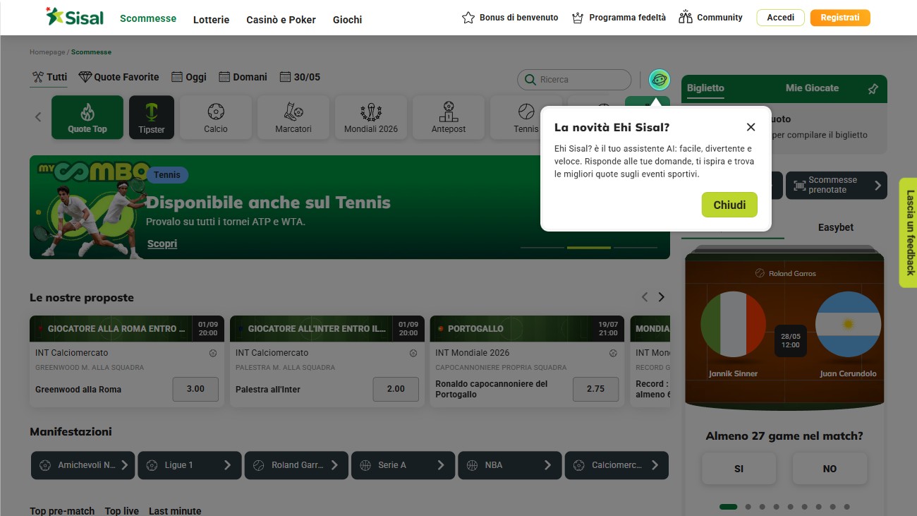 Sezione scommesse Matchpoint di Sisal