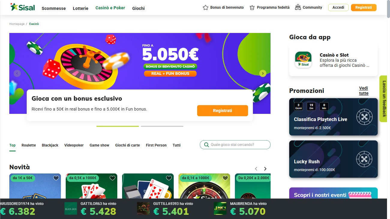 Sezione casino di Sisal
