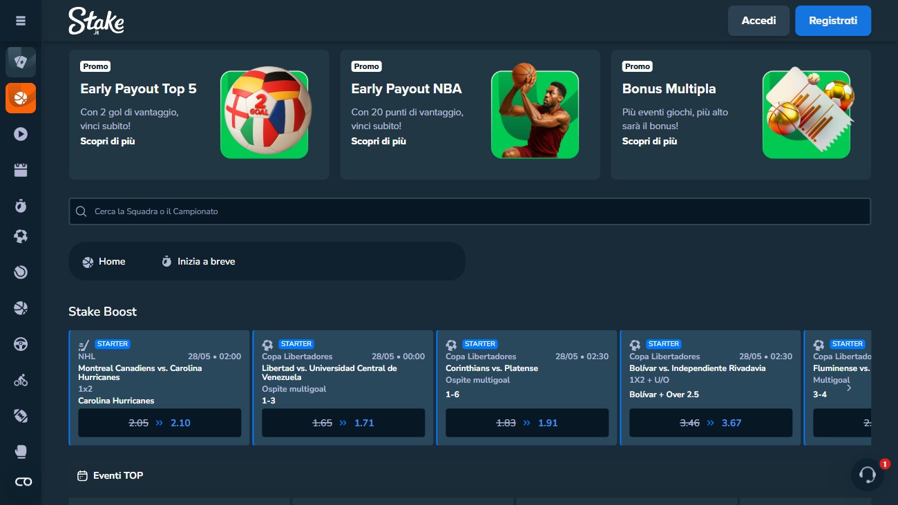 Sezione scommesse sportive di Stake.it con quote maggiorate Stake Boost