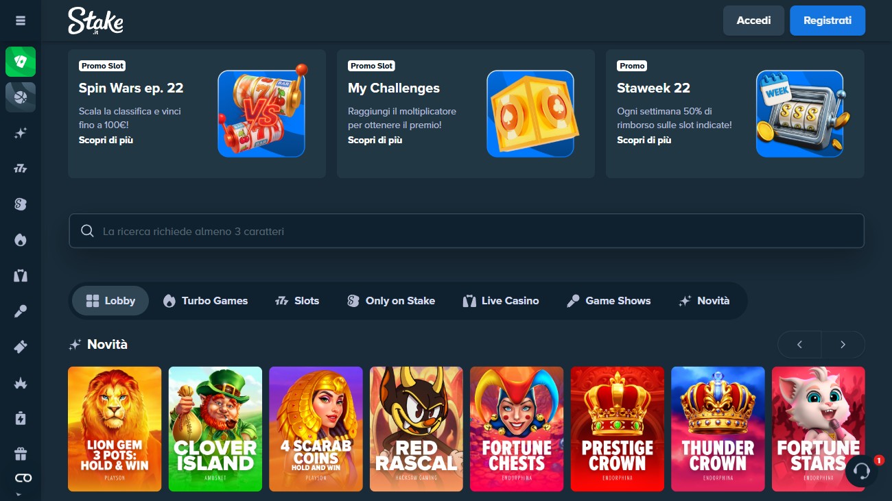 Sezione casino e slot di Stake.it con i giochi piu giocati