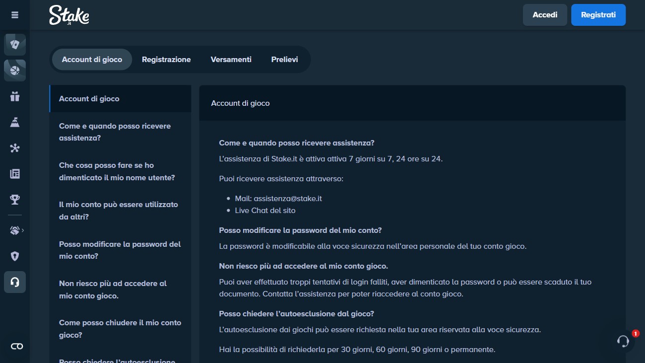 Pagina FAQ e centro assistenza di Stake.it