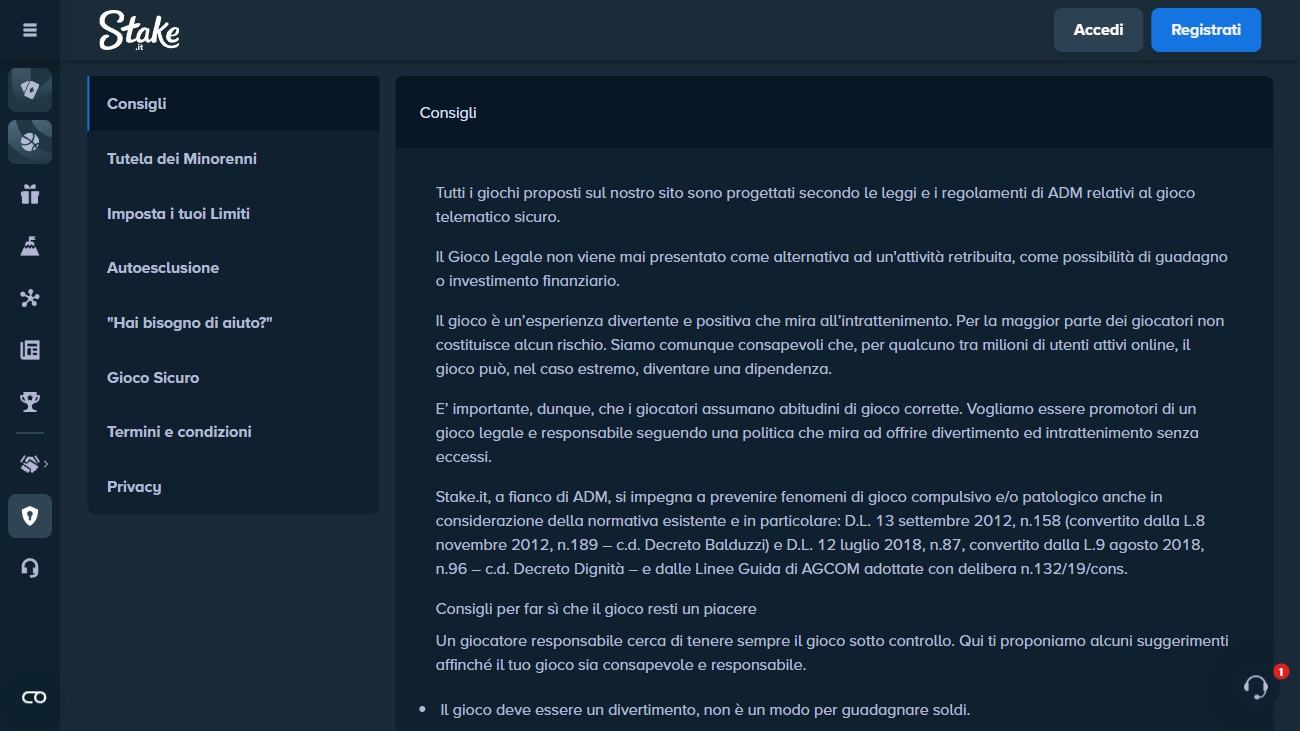Pagina gioco responsabile di Stake.it con limiti e autoesclusione