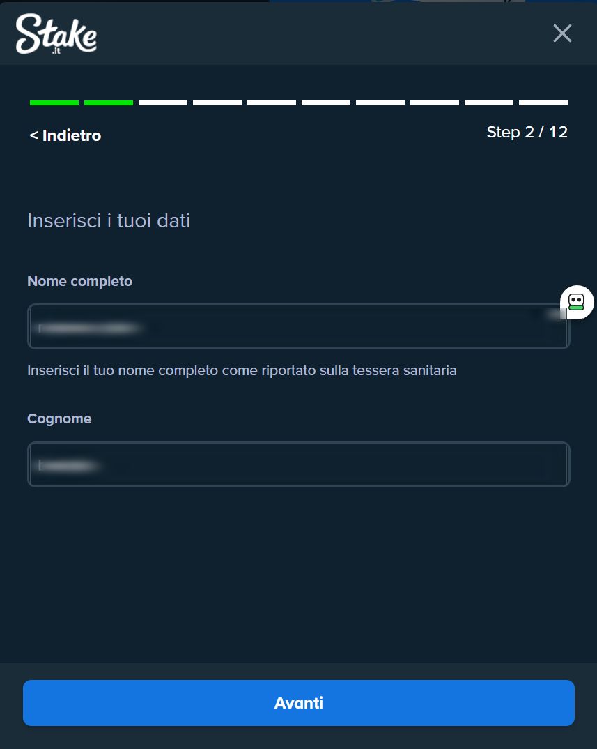 Secondo passo: inserimento di nome e cognome come da tessera sanitaria Stake.it registrazione step 2: nome e cognome