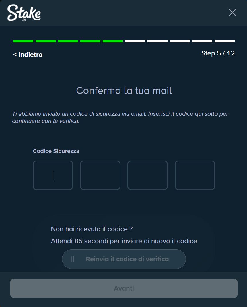Conferma dell'indirizzo email tramite codice di sicurezza Stake.it registrazione: conferma email con codice di sicurezza
