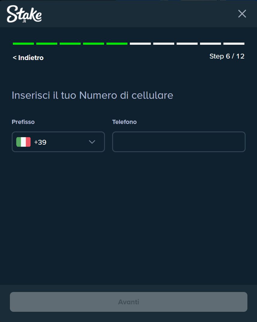 Inserimento del numero di cellulare con prefisso italiano Stake.it registrazione: inserimento numero di cellulare